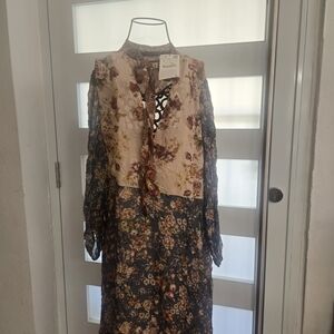 Zara Floral Tie-Neck Dress in Cream and Brown